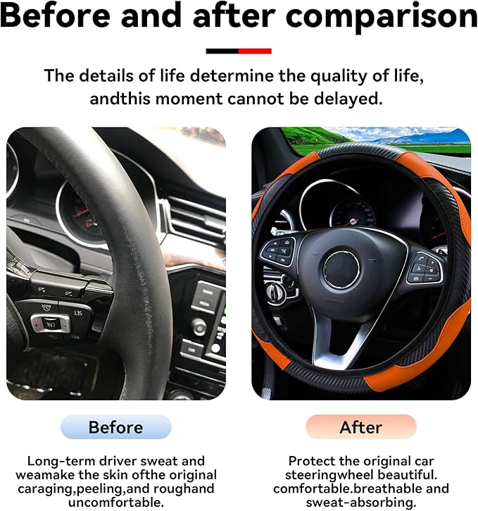 Car Steering Wheel Cover, 15 inch Carbon Fiber Microfiber PU Leather Elastic Steering Wheel Protector for Men Women, Anti-Slip Breathable Car Interior Accessories for Most Cars (Orange)