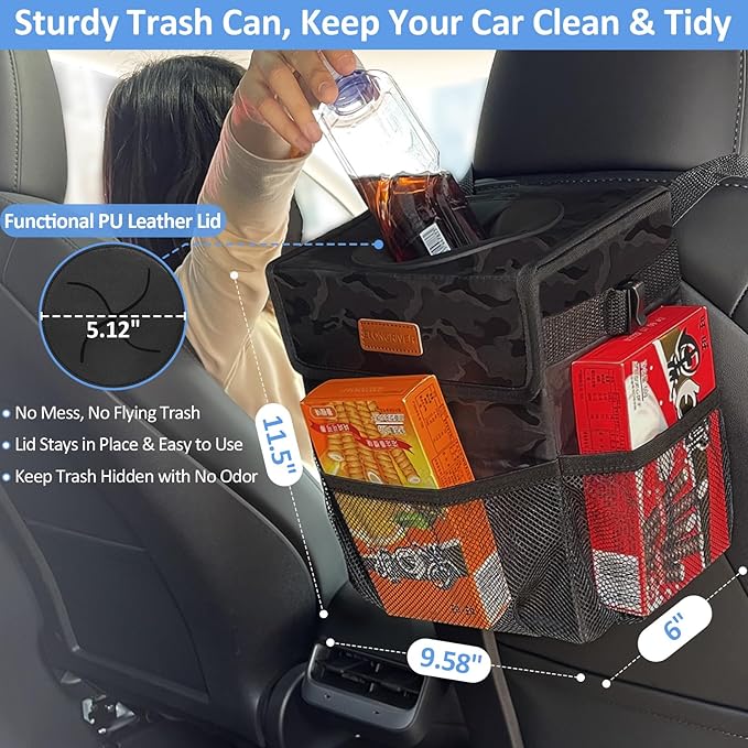 Car Trash Can Bin for Back Seat Leak Proof, Cute Car Trash Bag Hanging, Vehicle Trash Can for SUV Truck Van, Automotive Garbage Cans Front Seat Camo Black