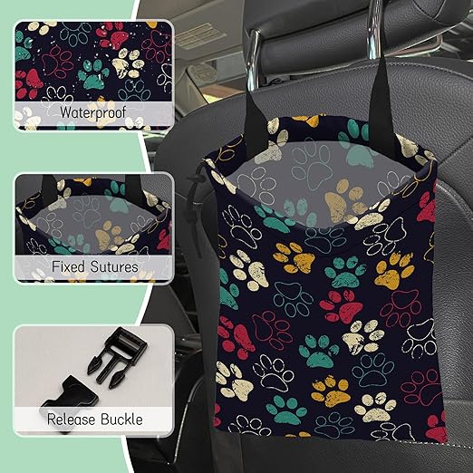 NHNXHWIA Colorful Paw Car Trash Bag,Hanging Drawstring Car Garbage Bag, Waterproof Canvas Car Back Seat Organizer with Adjustable Buckle, for Vehicles, SUVs, Camping, Road Trips