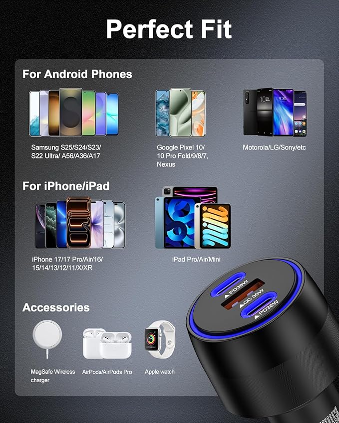USB C Car Charger, 3-Port Super Fast Charging Cigarette Lighter Adapter for iPhone 17 Pro/Air/16/15/14/13/iPad, USBA & USBC Multiport Car Phone Charger Accessories for Samsung S25/S24 FE/S23/S22/A17