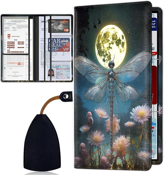 Car Document Holder with Magnetic Shut, Car Registration & Insurance Card Holder, Waterproof PU Leather Glove Box Organizer Vehicle Accessories Driver License for Women/Men, Dragonfly Moon