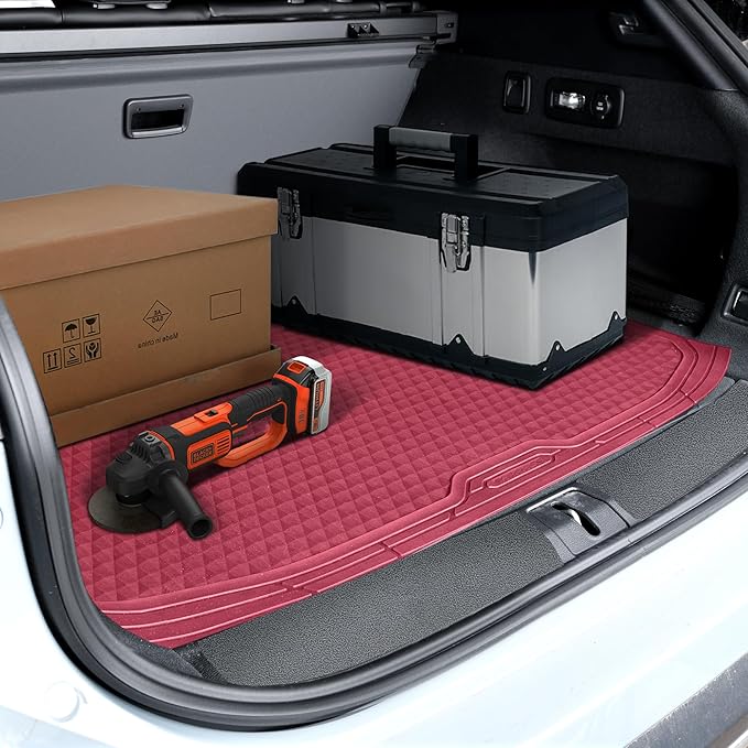 CAR PASS Heavy Duty Rubber Red Car Floor Mats & Cargo Liners, Deep Dish All-Weather Trunk Mats Durable Anti-Slip 3D Rhombus Waterproof Trim to Fit Liner Universal Fit Auto,Sedan,SUV,Truck, Burgundy