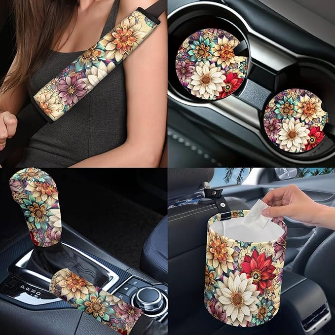 Dngkaoje 13 Pieces Blossom Lotus Car Accessories Full Set Boho Flower Car Seat Covers Set Steering Wheel Covers Automotive Garbage Cans Organizer,Cup Holder,Armrest Pads,Fit for Most Truck SUV