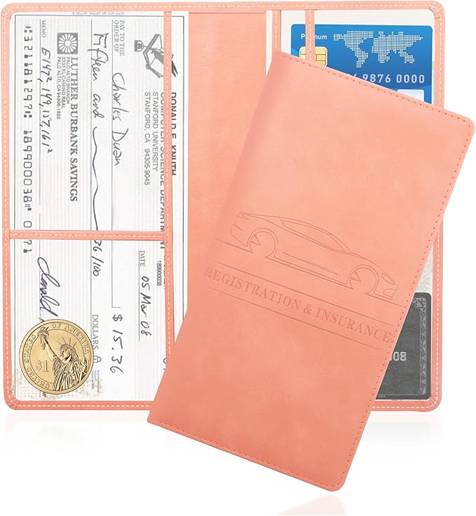 Car Registration and Insurance Holder,PU Leather Car Glove Box Organizer Car Document Holder for ID,Driver's License,Universal Car Organizer Car Accessories for Women/Men (Pink)