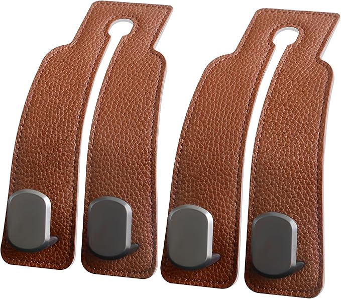 2PCS Car Seat Back Storage Headrest Hooks, Genuine Leather Double Metal Hook for Backseat Organizer for Men Women Car Organization Accessories (Brown -Metal Hook)