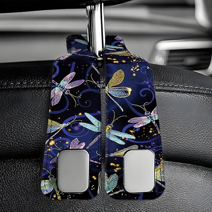 AXBSAKDI Car Seat Back Storage Headrest Hook, Premium Leather Double Metal Hook, Hanger Storage Organizer for Purse Cloth Bag, Car Interior Accessories Cute Colorful Dragonfly