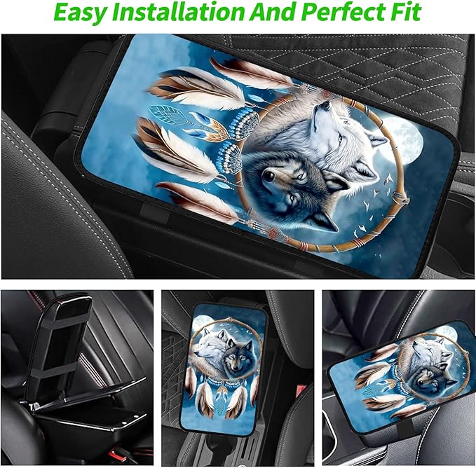 JANENFNA Car Armrest Cover Pads Universal Fashion Cute Auto Center Console Armrest Cover Pad with 2PCS Car Coasters Soft Waterproof Car Armrest Seat Protector for Women,Wolf Feather Hanger
