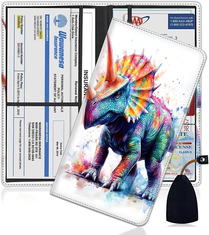 Yuxcfhjfe Car Document Holder with Magnetic Shut, Car Registration and Insurance Card Holder, Vehicle Glove Box Organizer Documents, Driver License, Auto Paperwork Organizer Wallet, Colorful Dinosaur