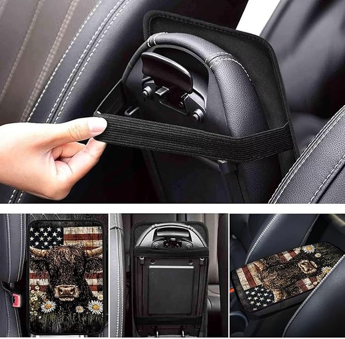 Highland Cow Arm Rest Cover Car Center Console Cover Easy to Install Car Decor Accessories Auto Armrest Console Cover for Most Vehicle, SUV, Truck, Cars