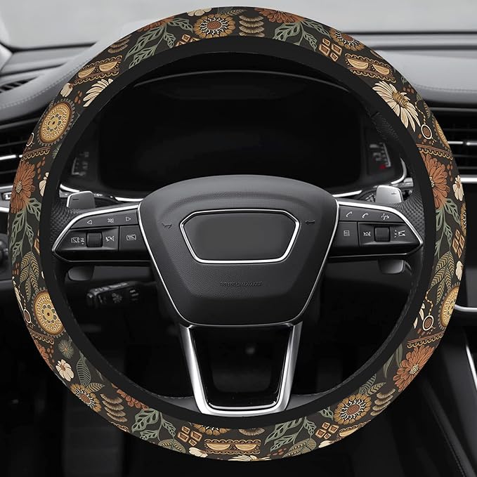 Cute Steering Wheel Cover for Women, Machine Washable Universal 14.5-15.5 inch Non-Slip Grip All Weather Use (Retro Floral)