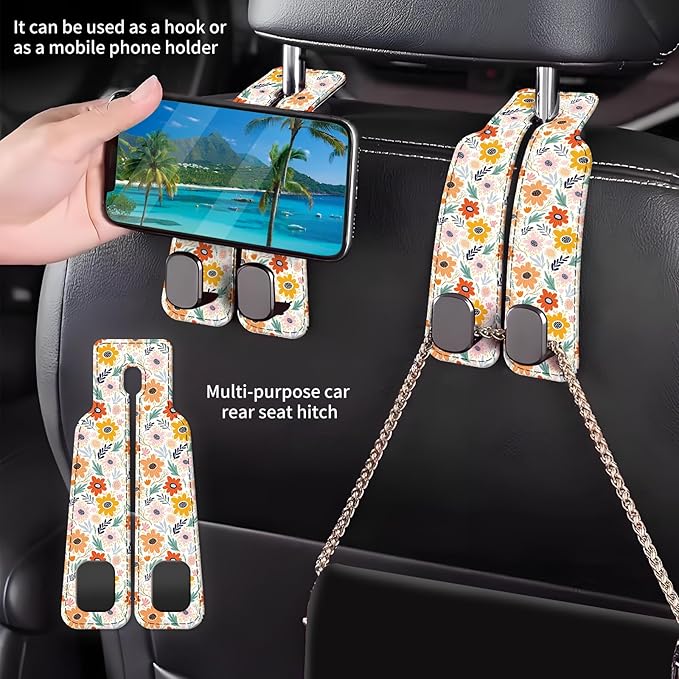 AXBSAKDI Car Seat Back Storage Headrest Hook, Premium Leather Double Metal Hook, Hanger Storage Organizer for Purse Cloth Bag, Car Interior Accessories Colorful Small Flowers