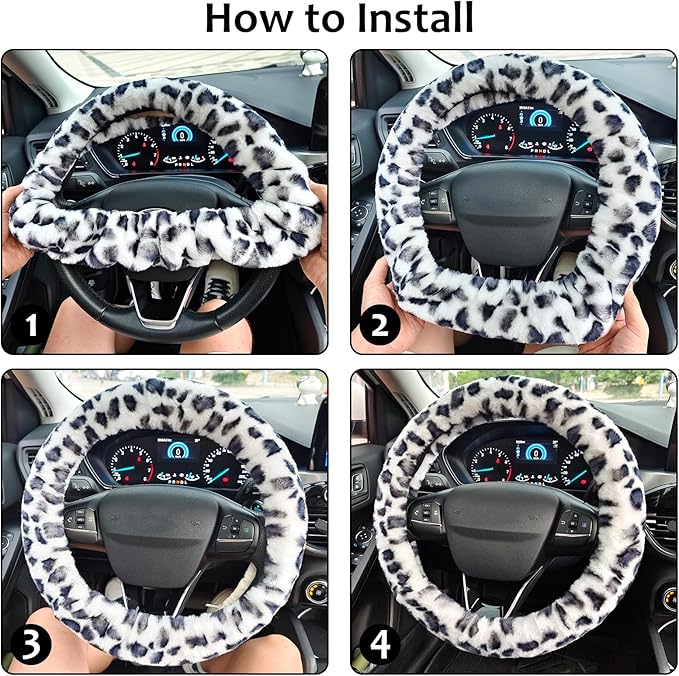 Accmor Fuzzy Car Steering Wheel Cover, Universal Fit Fur Auto Wheel Cover & Handbrake Cover & Gear Shift Cover Set, Leopard Winter Warm Fluffy Vehicle Wheel Protector Car Accessories for Men Women