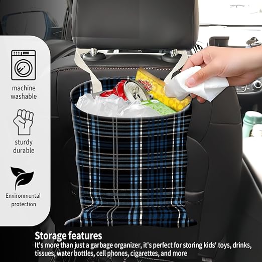 ADQWIOVL Car Garbage Can, Seat Back Hanging Cute Car Trash Can Bag, Car Organizer and Storage Bag for Travelling, Outdoor Luxury Blue Black Plaid