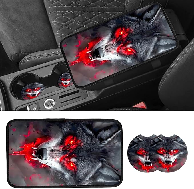 JANENFNA Car Armrest Cover Pads Universal Fashion Cute Auto Center Console Armrest Cover Pad with 2PCS Car Coasters Soft Waterproof Car Armrest Seat Protector for Women,Blood Wolf