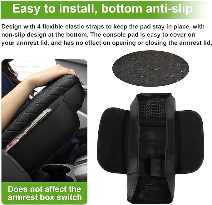 Armrest Cover for 2015-2019 Hyundai Sonata Center Console Pad with Organizer Storage Pockets, Black Faux Leather Arm Rest Lid Protector Cushion Interior Accessories