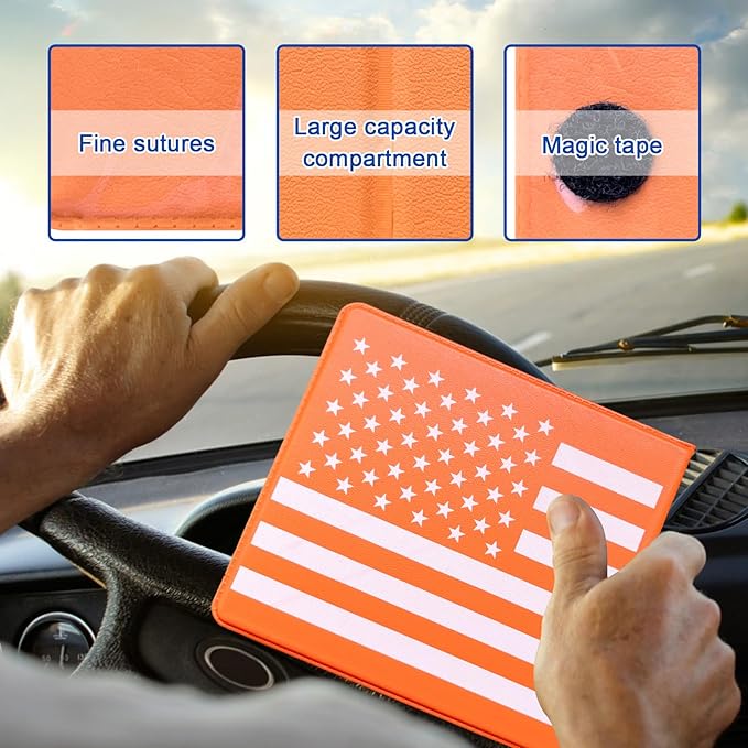 Ziciner Car Registration Insurance Holder, 2Pack Essential Auto Card Document Glove Box Organizer with Touch Fastener, Vehicle Interior Accessories Perfect for Most Car, Truck, SUV (Orange/Back Flag)