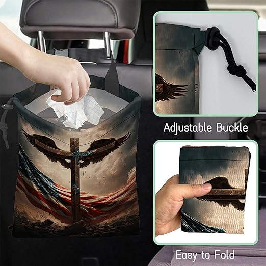 NHNXHWIA Cross with Wings Car Trash Bag,American Flag Hanging Drawstring Car Garbage Bag,Waterproof Canvas Car Back Seat Organizer with Adjustable Buckle,for Vehicles,SUVs,Camping,Road Trips