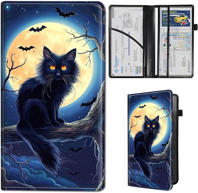 Qindaiwen Car Registration and Insurance Holder, Vehicle Card Document Elastic Band Closure Glove Box Organizer, Driver License Cards, Car Accessories for Essential Info, Cat Moon