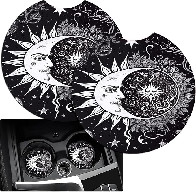 JANENFNA Car Armrest Cover Pads Universal Fashion Cute Auto Center Console Armrest Cover Pad with 2PCS Car Coasters Soft Waterproof Car Armrest Seat Protector for Women,Black White Sun and Moon