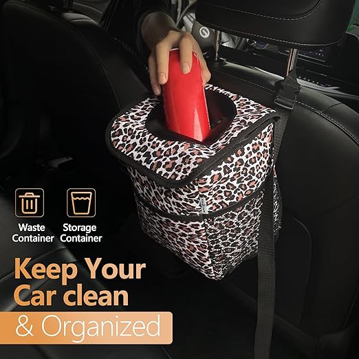 Big Ant Car Cup Holder Coaster and Car Trash Can Bin for Back Seat Leak Proof, Leopard print Cute Trash Bag Hanging, for SUV Truck Van,Automotive Vehicle Garbage Cans Front Seat Storage Pockets