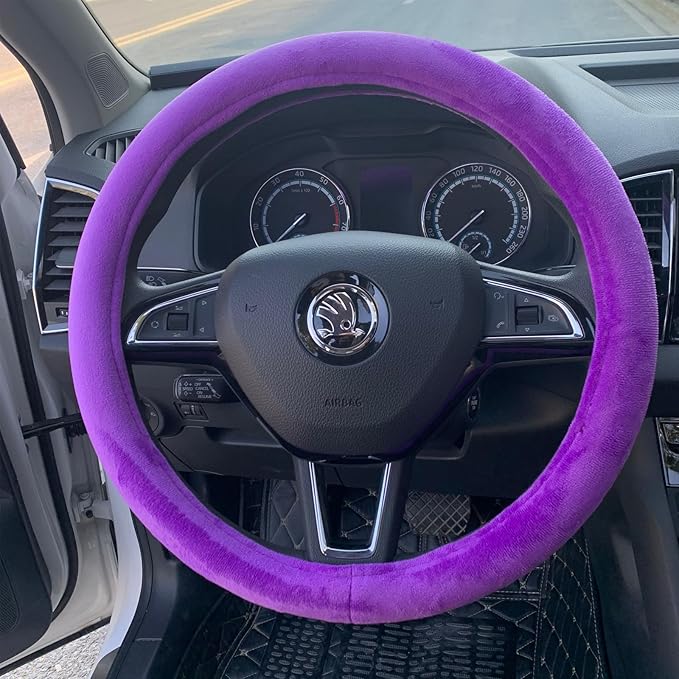 Fluffy Steering Wheel Cover, Short Plush Auto Accessories for Women with Inner Ring Universal 15 Inch (Purple)