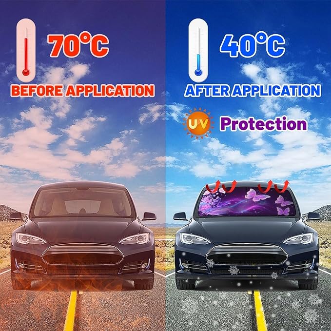 DOPINDU Butterfly Flowers Car Windshield Sun Shade Umbrella Bendable Handle Foldable Funny Sunshade for Car Windshield Block UV Rays Keep Vehicle Cool for Most Sedans SUV Trucks Cars 57"x30"