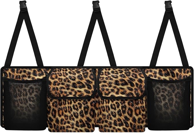 CLOHOMIN Leopard Print Backseat Car Organizer Large Capacity Car Trunk Mesh Storage Hanging Car Trunk Organizer with 4 Pockets Easy to Install Car Trunk Storage Bag Car Accessories