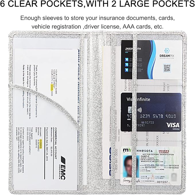 Car Registration and Insurance Holder, Premium Leather Insurance and Registration Holder,vehicle Glove Box Car Organizer, with Magnetic Shut for Cards, Driver License (Glitter Silver)