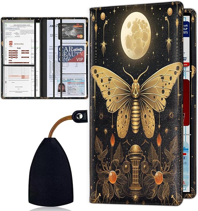 Car Document Holder with Magnetic Shut, Car Registration & Insurance Card Holder, Waterproof PU Leather Glove Box Organizer Vehicle Accessories Driver License for Women/Men, Moth Flowers + Stars