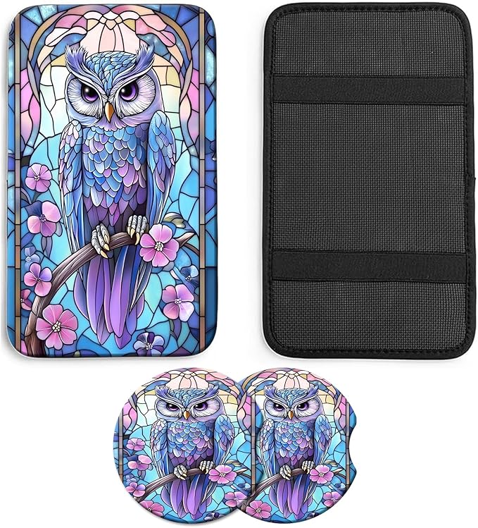JANENFNA Car Armrest Cover Pads Universal Fashion Cute Auto Center Console Armrest Cover Pad with 2PCS Car Coasters Soft Waterproof Car Armrest Seat Protector for Women,Stained Glass Owl