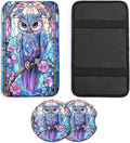 JANENFNA Car Armrest Cover Pads Universal Fashion Cute Auto Center Console Armrest Cover Pad with 2PCS Car Coasters Soft Waterproof Car Armrest Seat Protector for Women,Stained Glass Owl