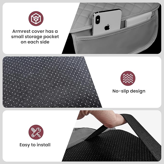 Car Middle Center Console Cover with 2 Storage,Microfiber Nappa Leather Gray Car Armrest Cover Cushion with 2 Bags,Universal Car Armrest Storage Box Car Interior Accessories for Most Vehicles