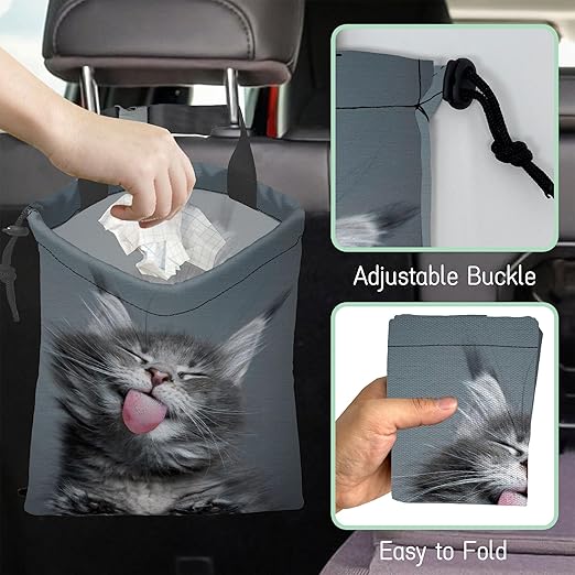NHNXHWIA Adorable Cat Car Garbage Bag,Kitten Yawning Waterproof Small Car Trash Bag Hanging Back of Seat,Drawstring Hanging Car Trash Bag with Adjustable Buckle for Car Accessories