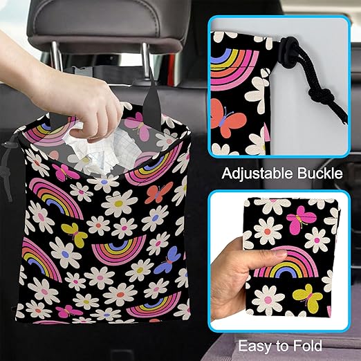 ghatobty Car Trash Bag Daisy Rainbow Butterfly Car Garbage Bag Hanging Car Trash Can for Back Seat with Drawstring, Waterproof Garbage Bags for Car Accessories Vehicle Travelling Camping Outdoor