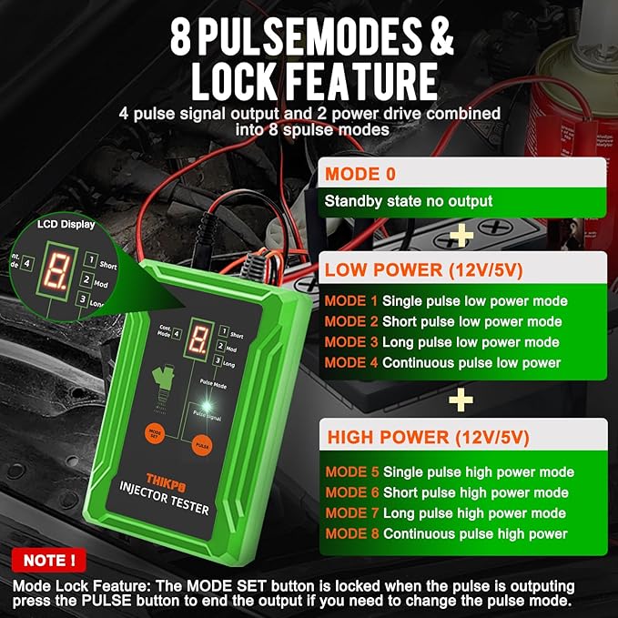 THIKPO Universal Fuel Injector Tester Cleaner Tool Kit, DIY Cleaning Tool with 8 Pulse Modes, 4 Wire Dual Channel for 2 Injectors, 8 Size Adapters, 12V/5V Output Power