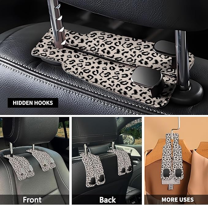NUGGHU Car Seat Headrest Hook, Universal Leather Cute Hanger Holder Hook, Storage Organizer Interior Accessories for Purse Bags Handbag Luxury Grey Leopard