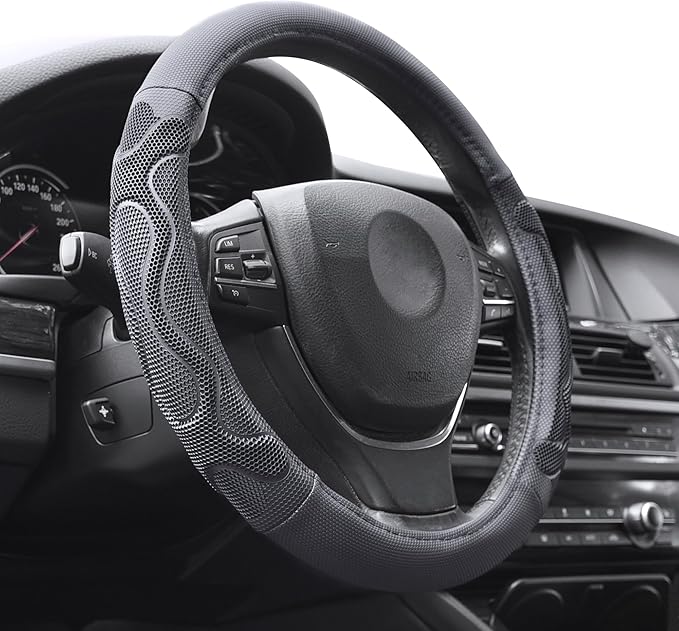 Elantrip Leather Steering Wheel Cover Great Grip with 3D Honeycomb Anti-Slip Design, Universal 15.5-16 inch Car Wheel Protector Black