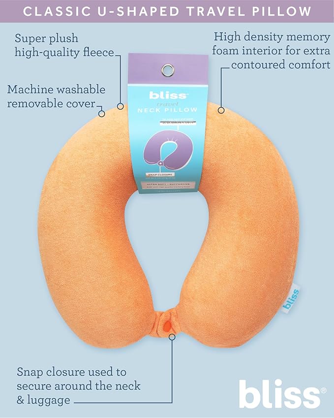 Bliss Neck Pillow - Lightweight U-Shaped Memory Foam Travel Neck Pillow with Snap Closure for Airplanes, Traveling, Offices, Cars, Orange Terry