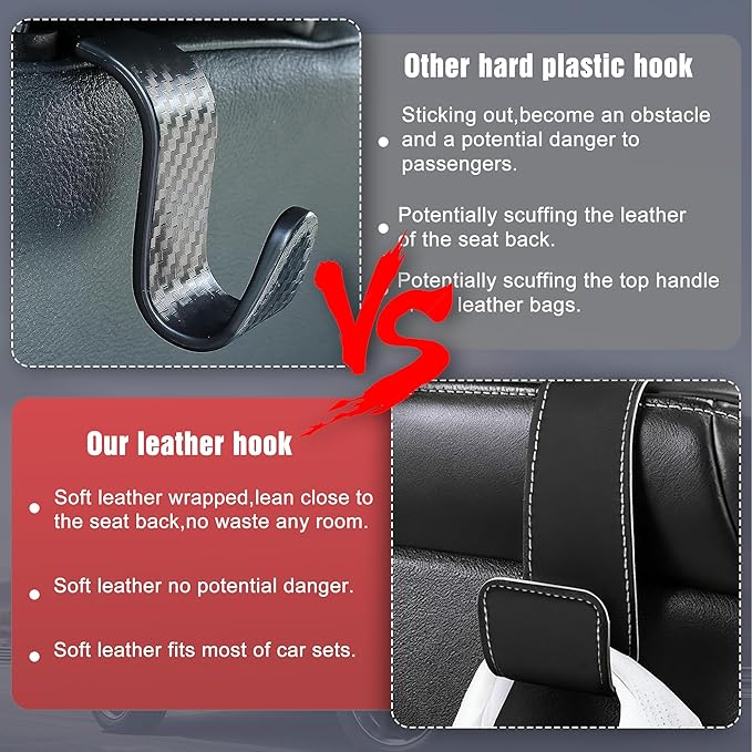 Romiona Leather Car Purse Hooks with Larger Strap Holder Purse Hook Purse Holder for car car seat Back Hooks Automotive seat Back Organizer headrest Hooks for Bags and Purse (Black, 2pcs)