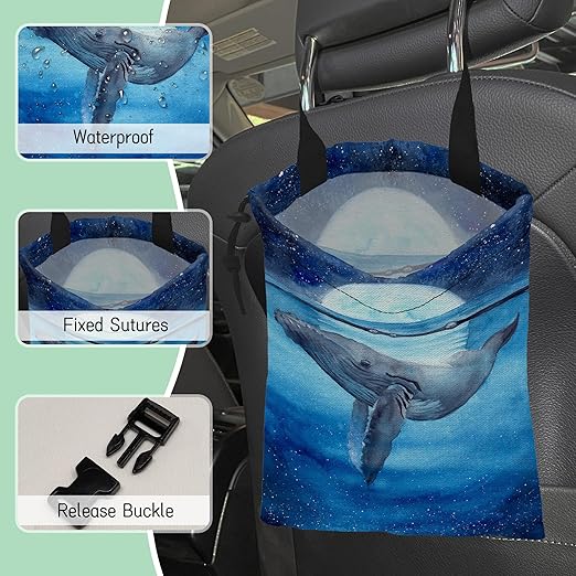 NHNXHWIA Watercolor Blue Whale Car Garbage Bag,Moon Starry Night Waterproof Small Car Trash Bag Hanging Back of Seat,Drawstring Hanging Car Trash Bag with Adjustable Buckle for Car Accessories