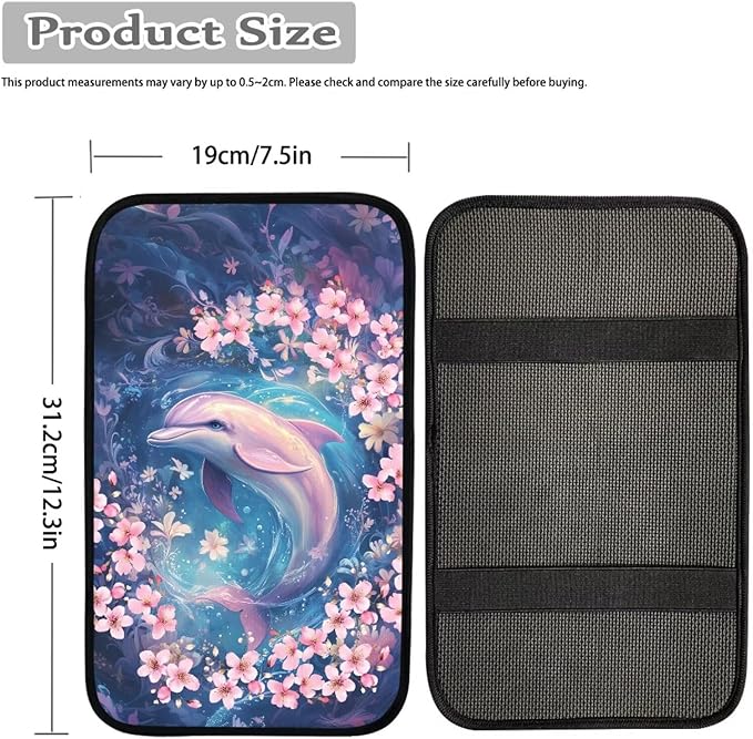 Floral Dolphin Car Center Console Cover for Women Dustproof Decorative Armrest Cushion Cover Non Slip Automotive Decorations for Cars Vehicles SUV, Easy to Install