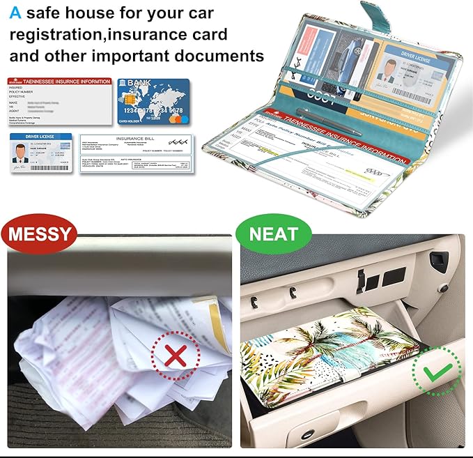 DMLuna Car Registration and Insurance Holder, Leather Vehicle Card Document Glove Box Organizer, Auto Truck Compartment Accessories for Essential Information, Driver License Cards, Coconut Tree