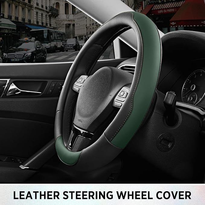 Road Comforts Steering Wheel Cover, Breathable Anti-Slip Leather Steering Wheel Cover, Universal Fit 14.5–15 Inch, Comfortable Grip - Green Color