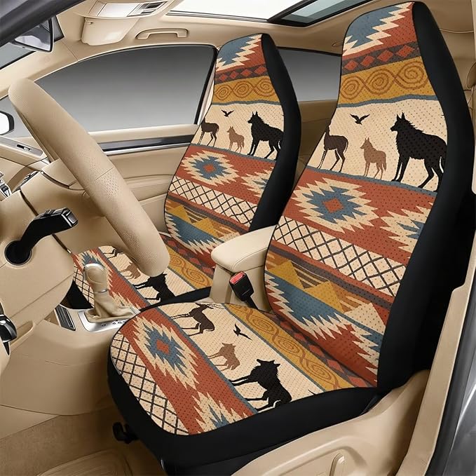 FUSURIRE Aztec Wolf Print Car Interior Accessory Set of 5,PU Front Seat Covers, Seat Belt Covers & Center Armrest Pad,Universal for Car, SUVs,Van,Small Trucks