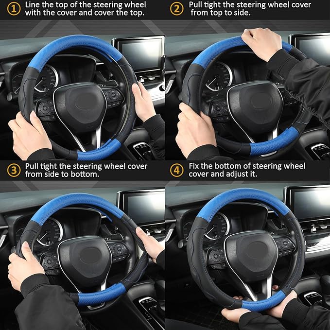 West Llama 3D Texture Steering Wheel Cover for Toyota, Anti-Slip Design, Premium Leather, Custom Fit for 14.5-15 inch, Stylish Interior Decoration(Blue+Black-Standard Size)