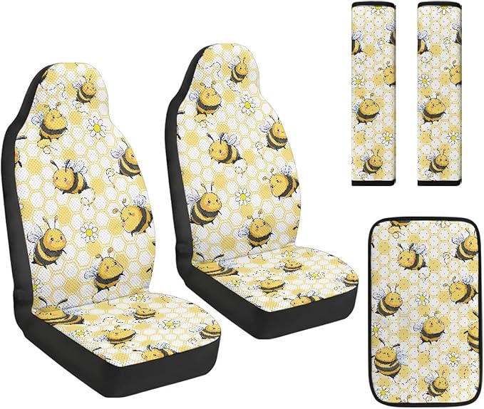 FUSURIRE Universal Yellow Bee Car Interior Accessory Set 5Pcs PU Front Seat Covers, Seat Belt Covers & Center Armrest PadFit for SUV Truck Van Year Round Use