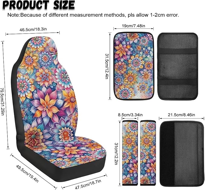 Qeluxign Hippie Flower Car Seat Covers Full Set Universal Fit Auto Front Seat Covers and Seatbelt Pads Armrest Cushion Gifts for Women Protect Your Car Interior