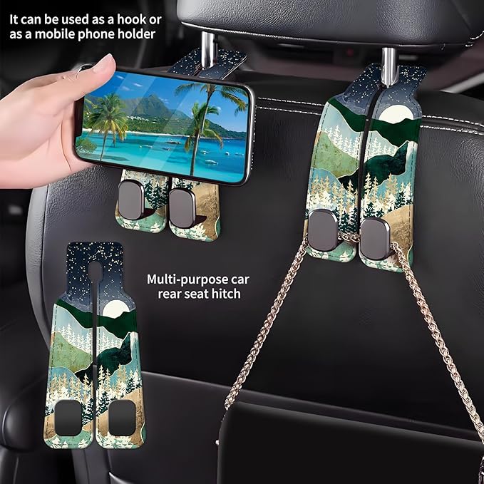 AXBSAKDI Car Seat Back Storage Headrest Hook, Premium Leather Double Metal Hook, Hanger Storage Organizer for Purse Cloth Bag, Car Interior Accessories Cute Mountain Moon