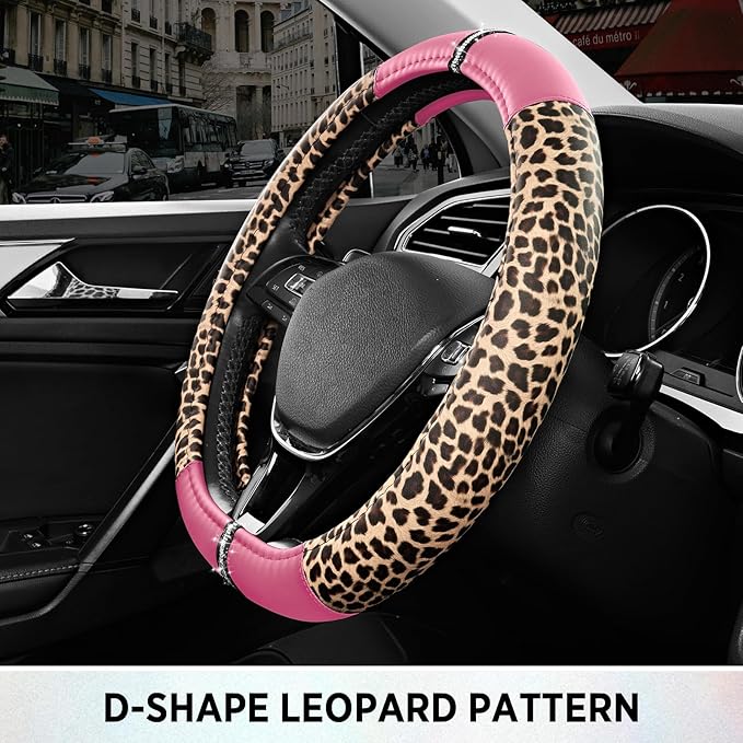 Road Comforts Leopard Steering Wheel Cover - Made with PVC Leather Cheetah Print, D-Shaped Automotive Steering Wheels - Anti-Slip, Universal Fit 14 1/2 inches to 15 inches - Pink