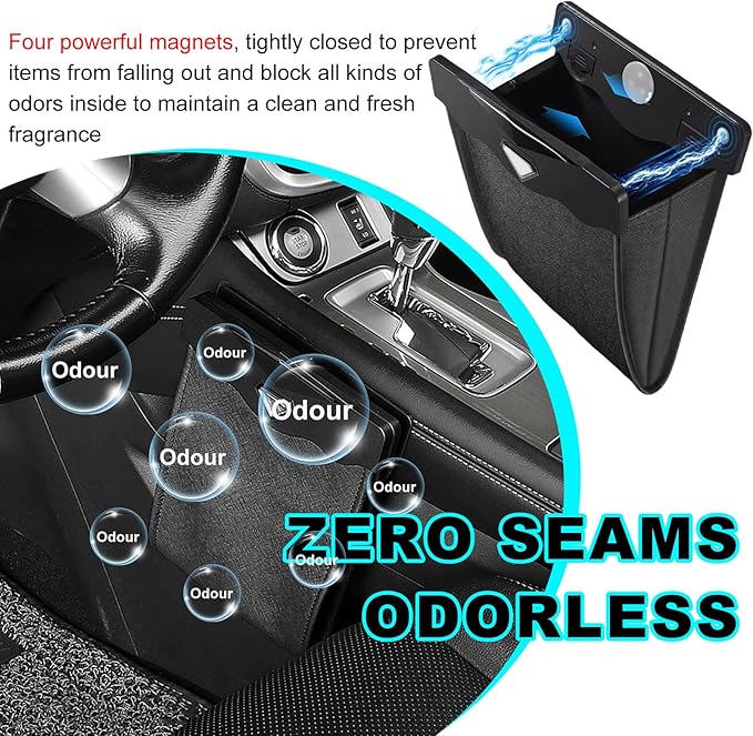 Car Hanging Trash Can, Magnetic Closure LED Light Auto Trash Bag Storage Pocket, Collapsible Waterproof Leather Hanging Trash Can with Disposable Trash Bag, Car Accessories (Black)